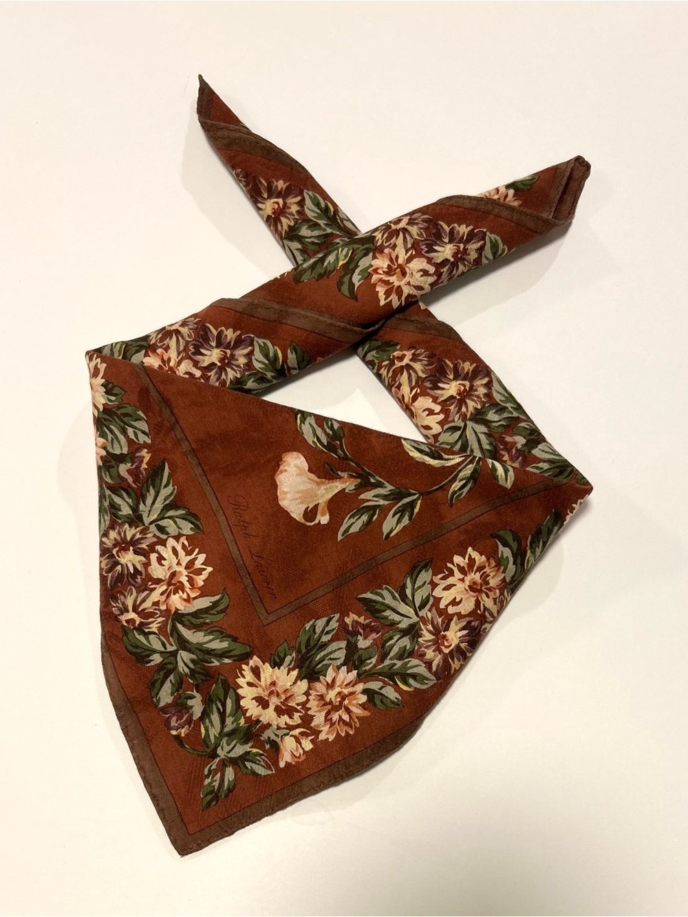 Women Handkerchief Ralph Lauren Floral Brown Rose Cotton Pocket Square 19”